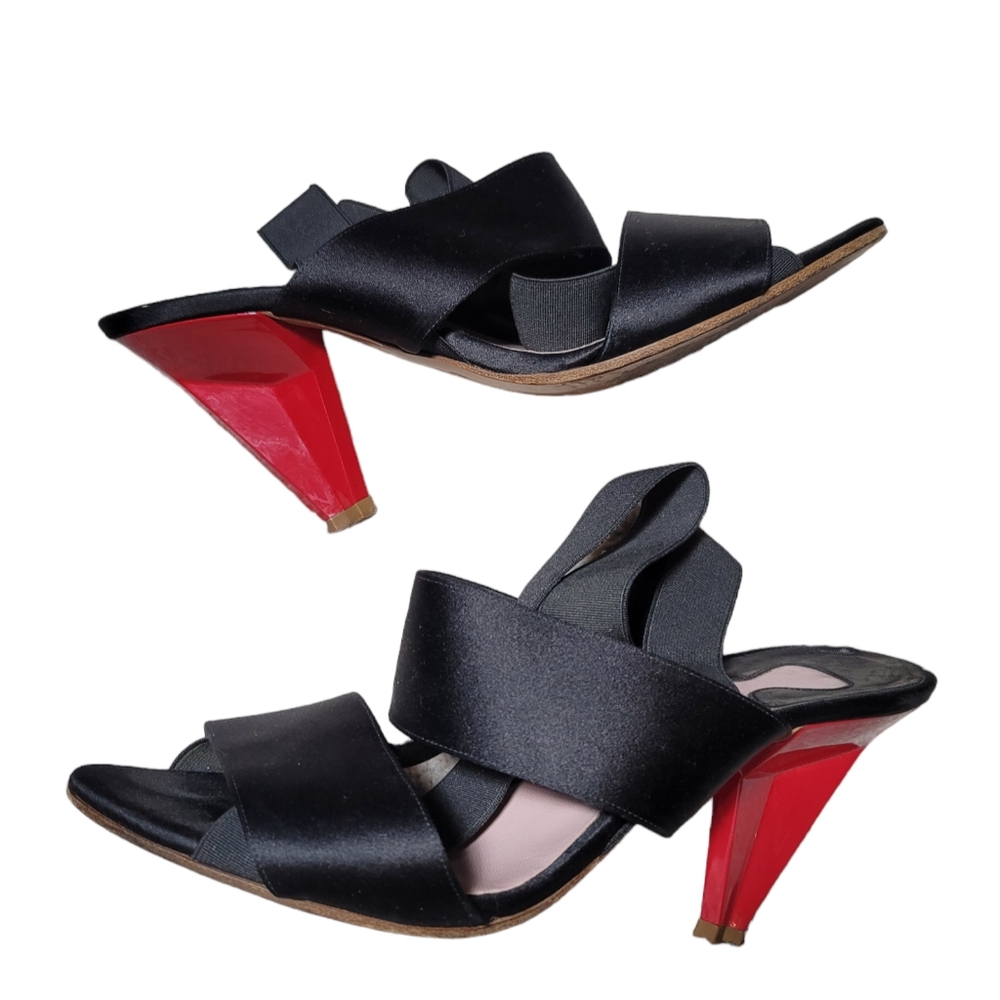 CHLOE Black Satin Sandals Red Heeled Shoes Sz 37 1/2